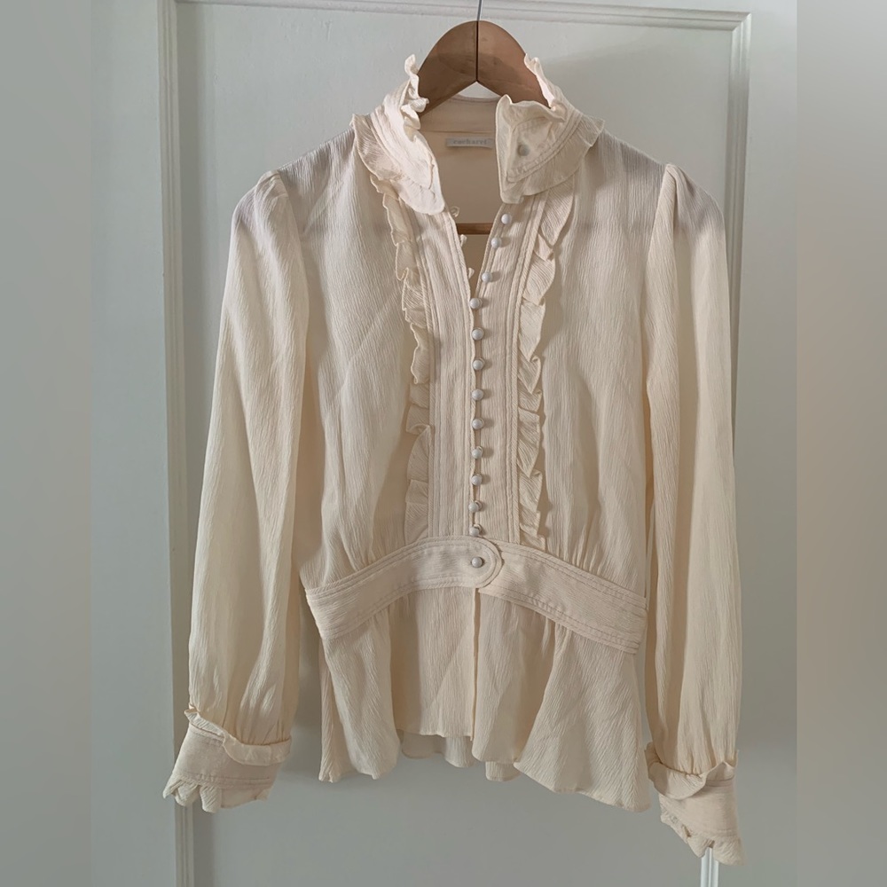 CACHAREL Victorian style ivory crinkle silk blouse with buttons and ruffles